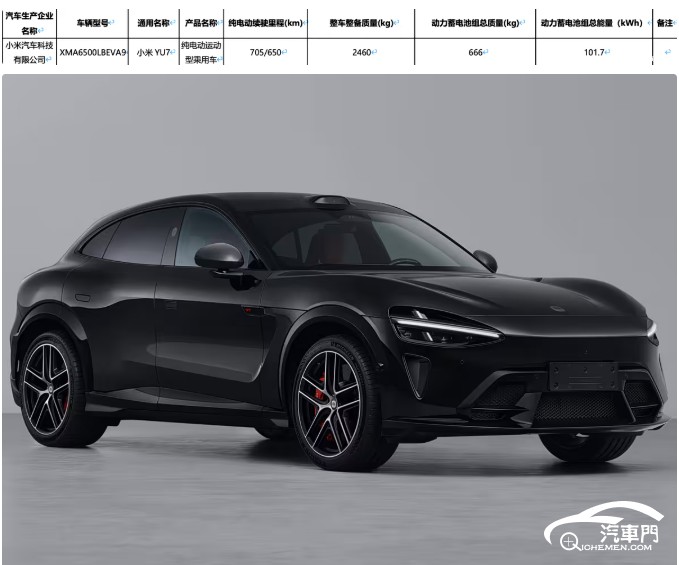 最大续航705km 小米YU7 GT续航里程曝光